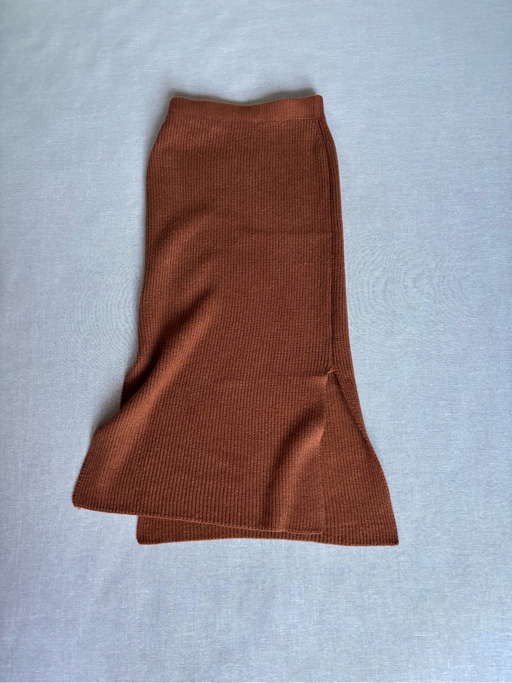 Princess Polly rust orange ribbed knit fall fishermancore midi skirt